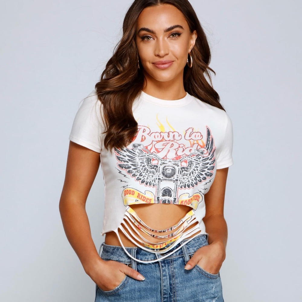 Windsor Biker Graphic Cropped Tee. Cutout Fringe Detail & Tie Back. XS/Small